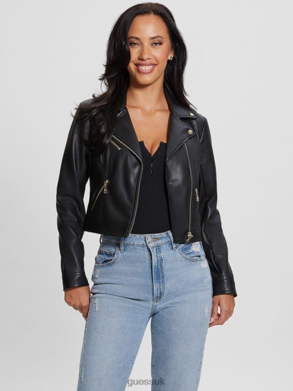GUESS Women Venom Cropped Moto Jacket Jet Black Multi Apparel V28V61752