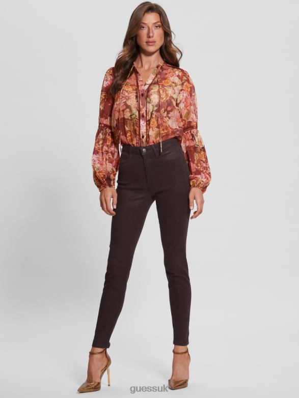 GUESS Women 1981 Coated Skinny Jeans Rich Brown Multi Apparel V28V6263