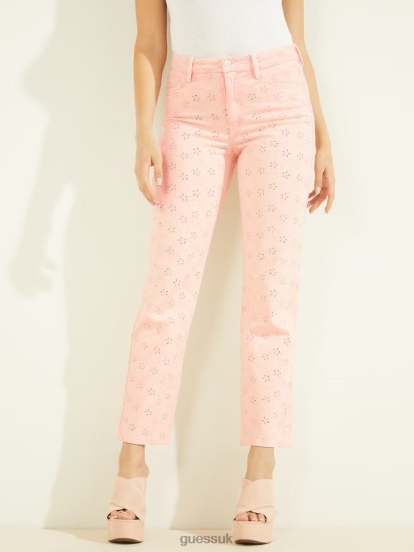 GUESS Women 1981 Eyelet Straight Jeans Floridada Peach Apparel V28V6249