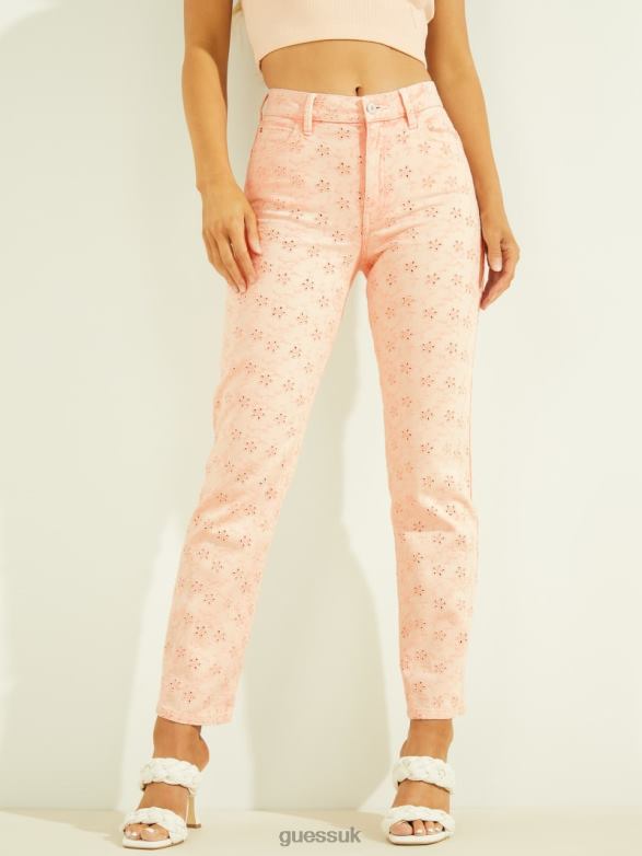 GUESS Women 1981 Eyelet Straight Jeans Floridada Pink Apparel V28V6243