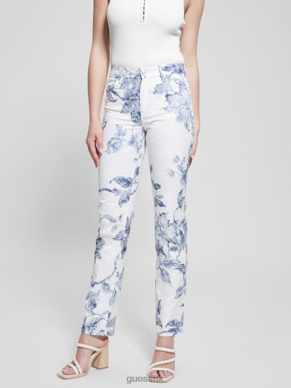 GUESS Women 1981 Floral Mid-Rise Straight Woven Pants Porcelain Flower Apparel V28V664