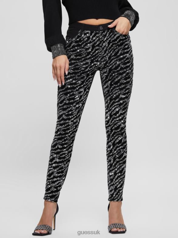 GUESS Women 1981 Tiger Sequin Skinny Jeans Glam Tiger Silver Apparel V28V6220