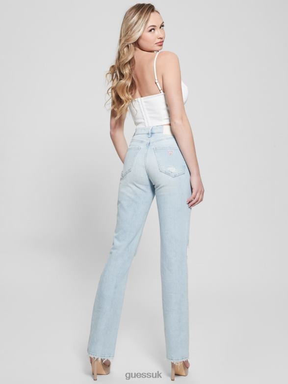 GUESS Women 80s Destroyed High-Rise Straight Jeans Pacific Destroy Apparel V28V623