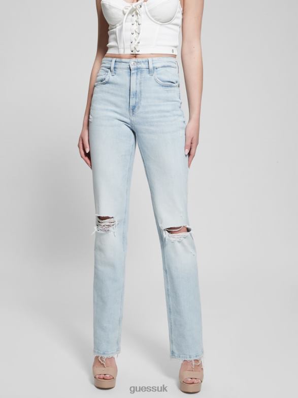 GUESS Women 80s Destroyed High-Rise Straight Jeans Pacific Destroy Apparel V28V623