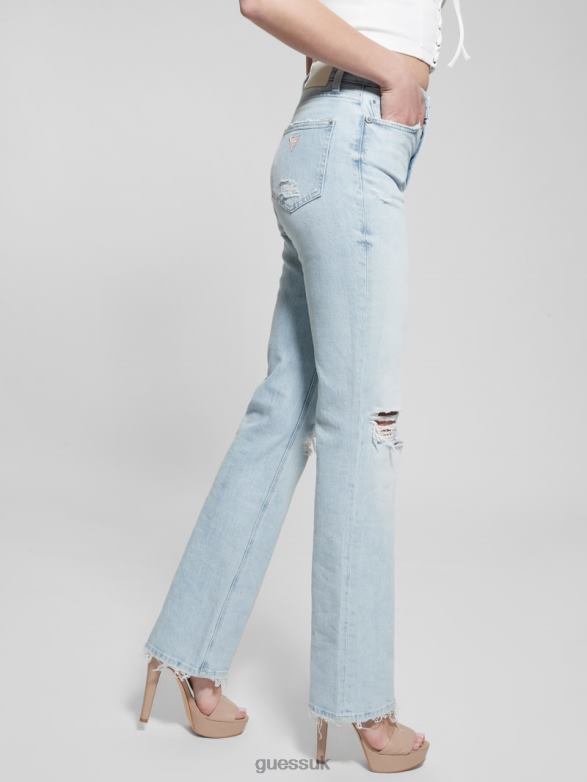 GUESS Women 80s Destroyed High-Rise Straight Jeans Pacific Destroy Apparel V28V623