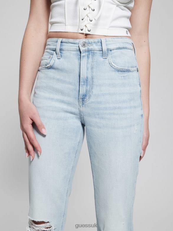 GUESS Women 80s Destroyed High-Rise Straight Jeans Pacific Destroy Apparel V28V623