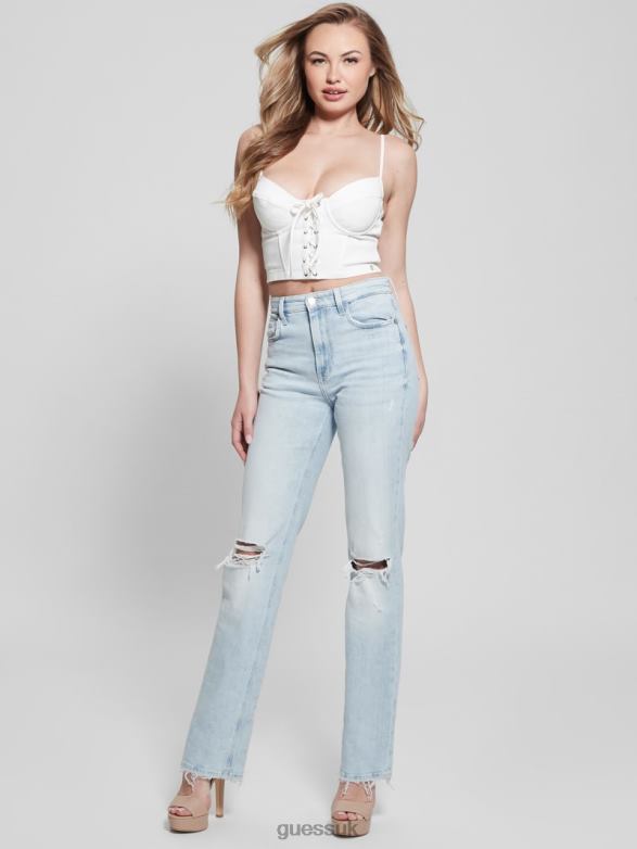 GUESS Women 80s Destroyed High-Rise Straight Jeans Pacific Destroy Apparel V28V623