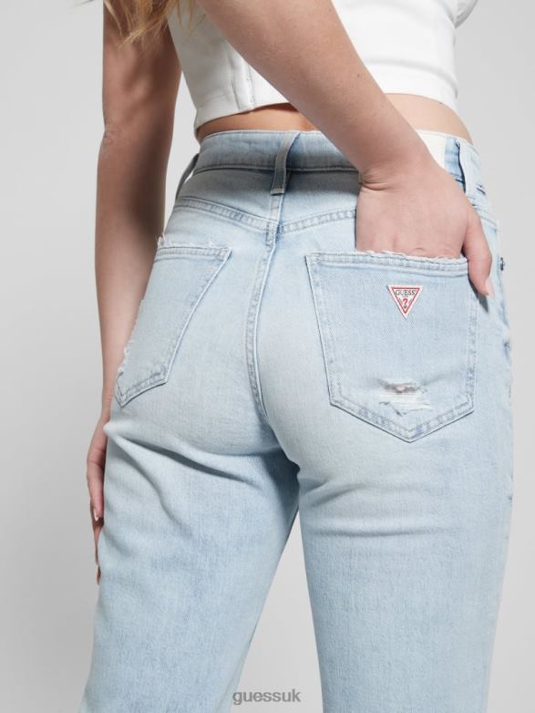 GUESS Women 80s Destroyed High-Rise Straight Jeans Pacific Destroy Apparel V28V623