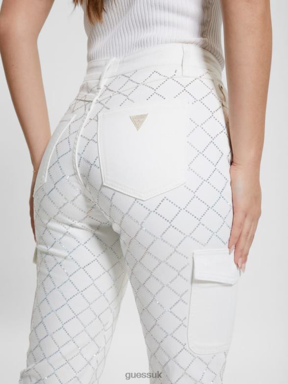 GUESS Women 80s Diamond Denim Cargo Jeans Bling White Apparel V28V648