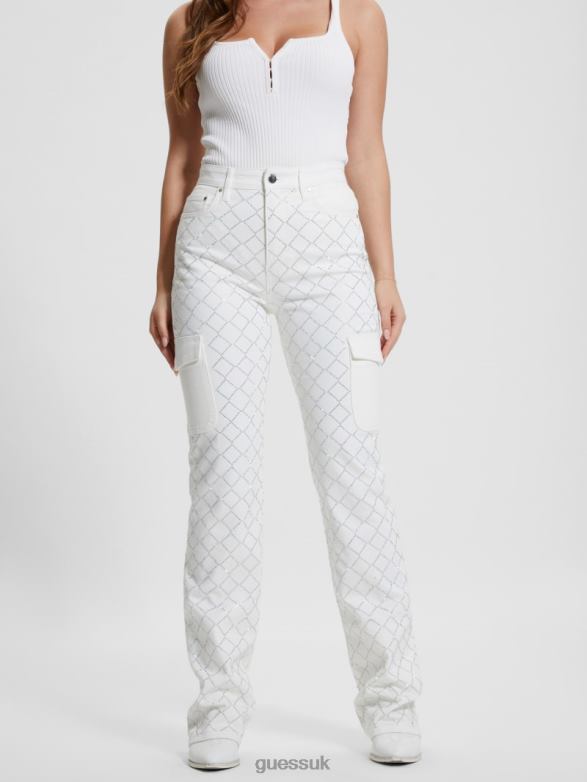GUESS Women 80s Diamond Denim Cargo Jeans Bling White Apparel V28V648