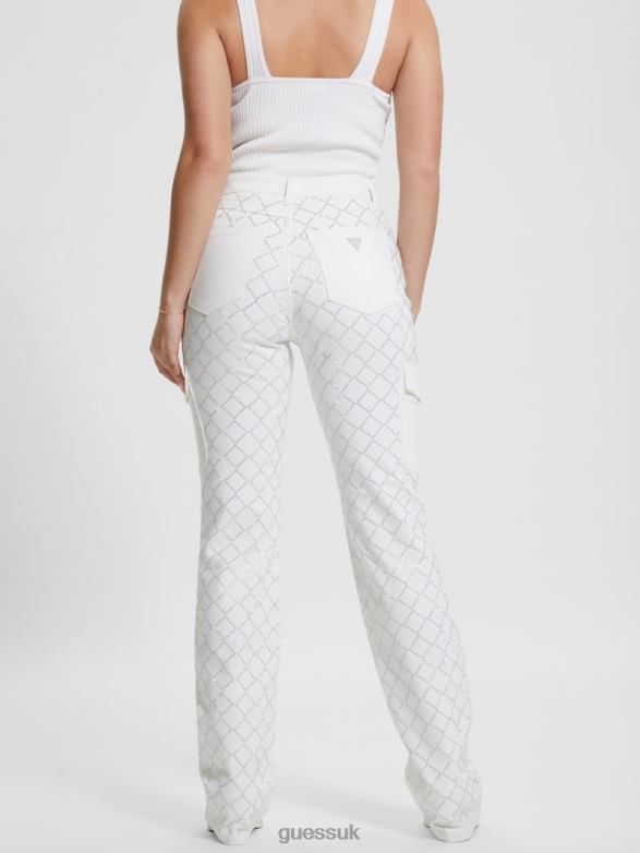 GUESS Women 80s Diamond Denim Cargo Jeans Bling White Apparel V28V648