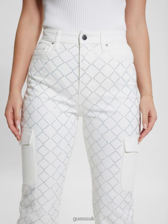 GUESS Women 80s Diamond Denim Cargo Jeans Bling White Apparel V28V648