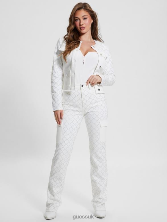 GUESS Women 80s Diamond Denim Cargo Jeans Bling White Apparel V28V648