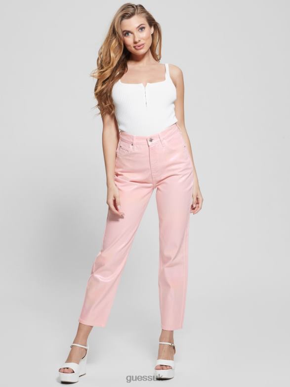 GUESS Women Coated Denim High-Rise Mom Jeans Unicorn Pink Apparel V28V66