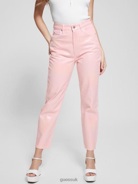 GUESS Women Coated Denim High-Rise Mom Jeans Unicorn Pink Apparel V28V66