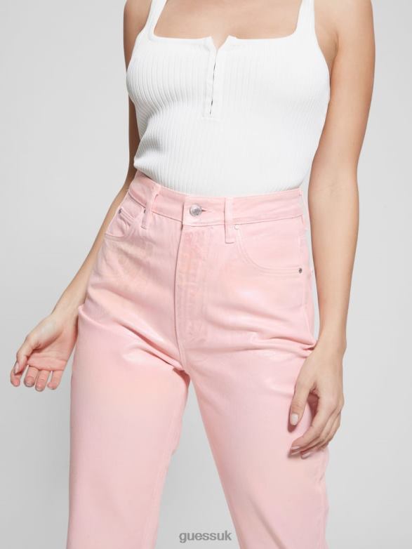 GUESS Women Coated Denim High-Rise Mom Jeans Unicorn Pink Apparel V28V66