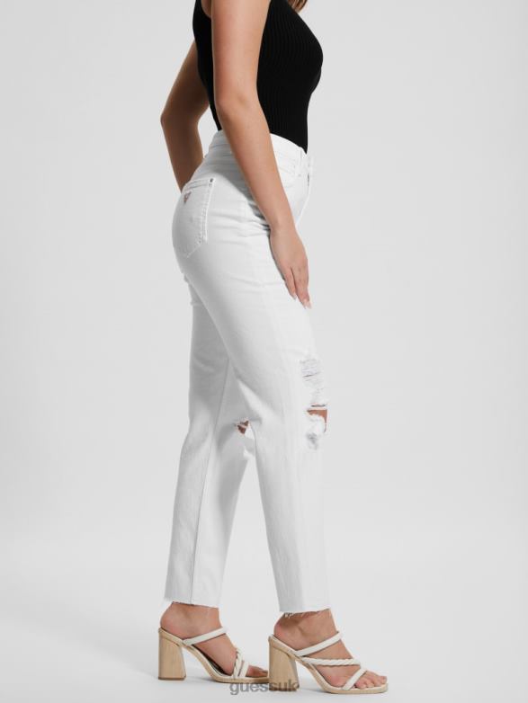 GUESS Women Destroyed Mom Jeans Pure White Multi Apparel V28V670
