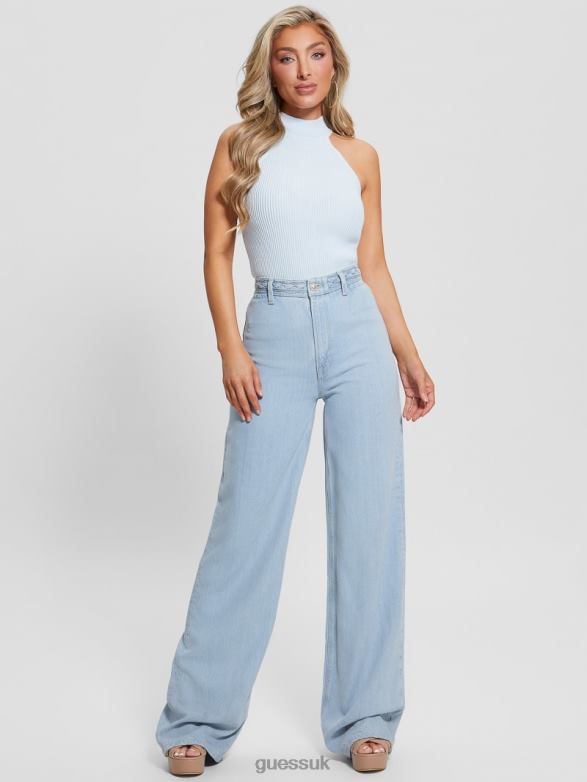 GUESS Women Eco Braided Super High-Rise Wide Leg Jeans Sunny Ice Apparel V28V660