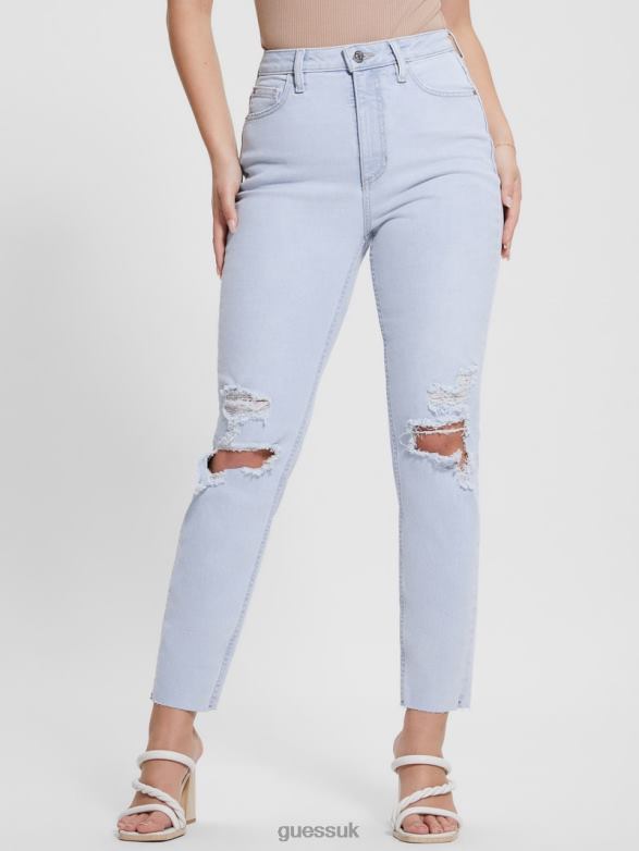GUESS Women Eco Destroyed Mom Jeans Brightstone Blue Apparel V28V619