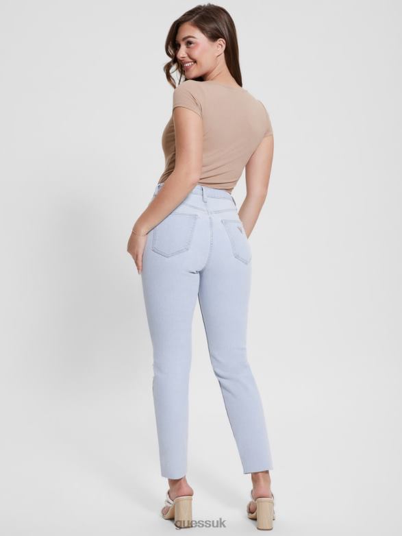 GUESS Women Eco Destroyed Mom Jeans Brightstone Blue Apparel V28V619