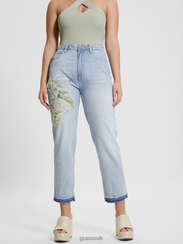 GUESS Women Eco Satin Artwork Denim Mom Jeans Sunset Flower Apparel V28V618