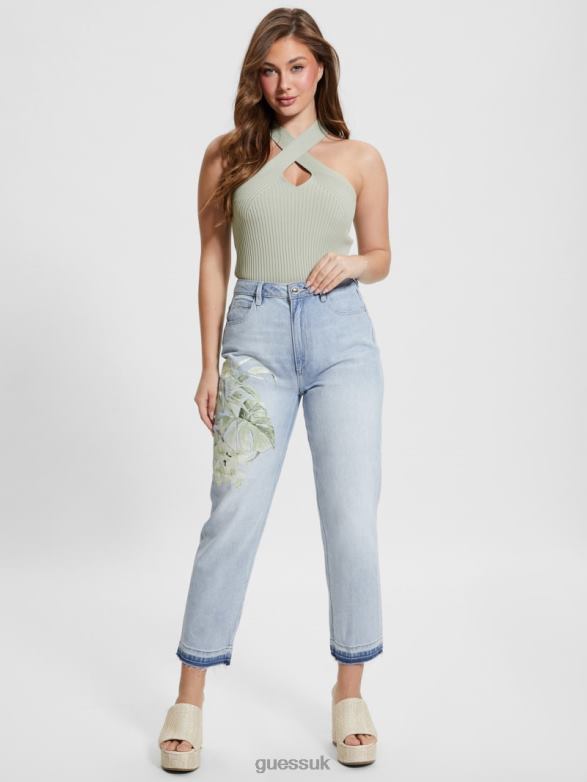 GUESS Women Eco Satin Artwork Denim Mom Jeans Sunset Flower Apparel V28V618