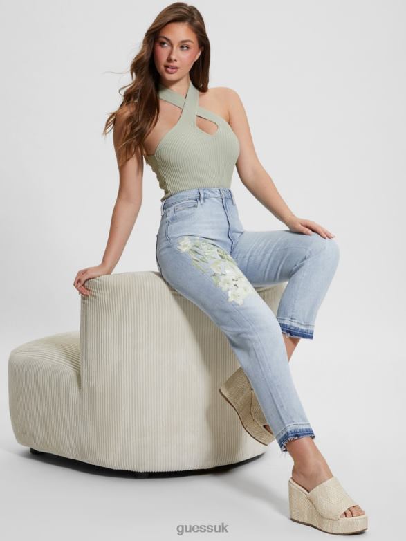 GUESS Women Eco Satin Artwork Denim Mom Jeans Sunset Flower Apparel V28V618
