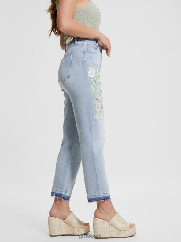 GUESS Women Eco Satin Artwork Denim Mom Jeans Sunset Flower Apparel V28V618