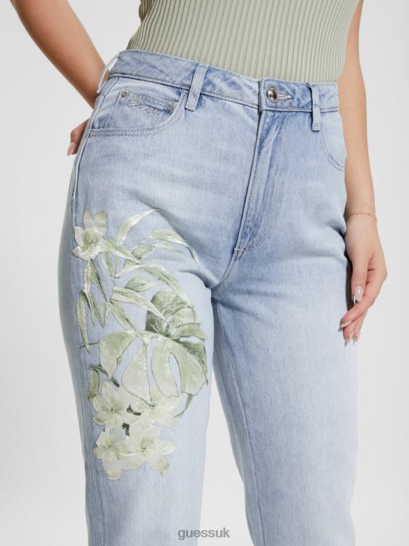 GUESS Women Eco Satin Artwork Denim Mom Jeans Sunset Flower Apparel V28V618