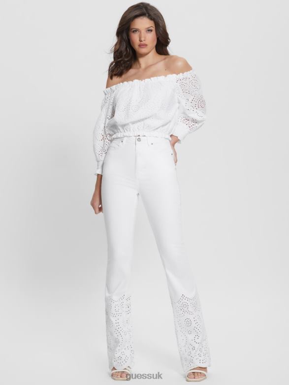 GUESS Women Embroidered Flared Pants Pure White Apparel V28V698