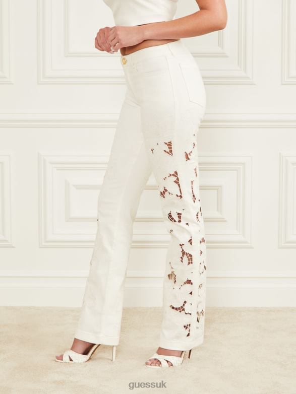 GUESS Women Floral Cutout Denim Pant White Apparel V28V6200