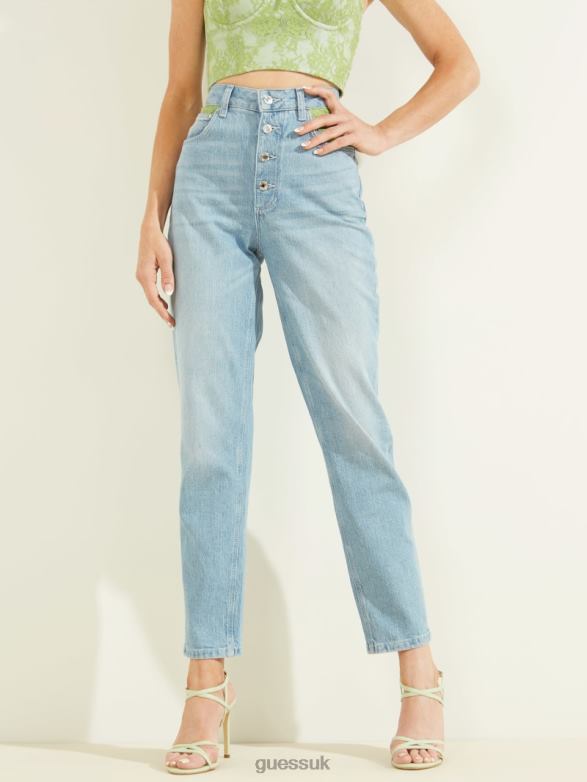 GUESS Women Lace Exposed Button Mom Jeans Green Lace Wash Apparel V28V6214