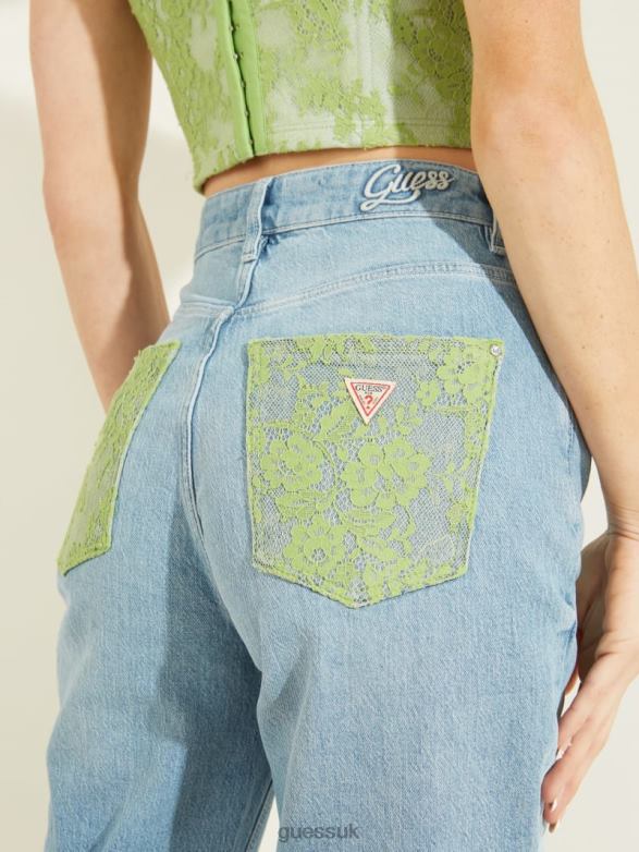 GUESS Women Lace Exposed Button Mom Jeans Green Lace Wash Apparel V28V6214
