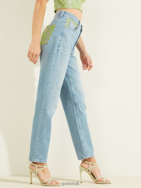 GUESS Women Lace Exposed Button Mom Jeans Green Lace Wash Apparel V28V6214