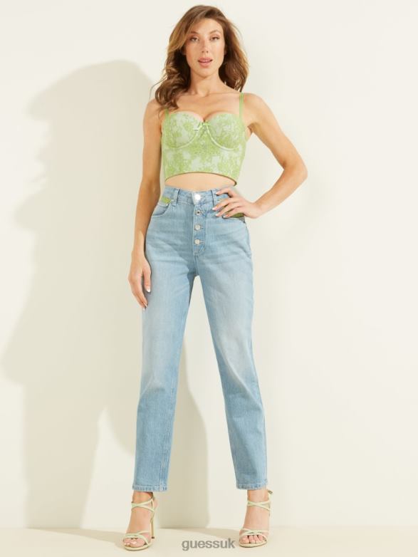 GUESS Women Lace Exposed Button Mom Jeans Green Lace Wash Apparel V28V6214