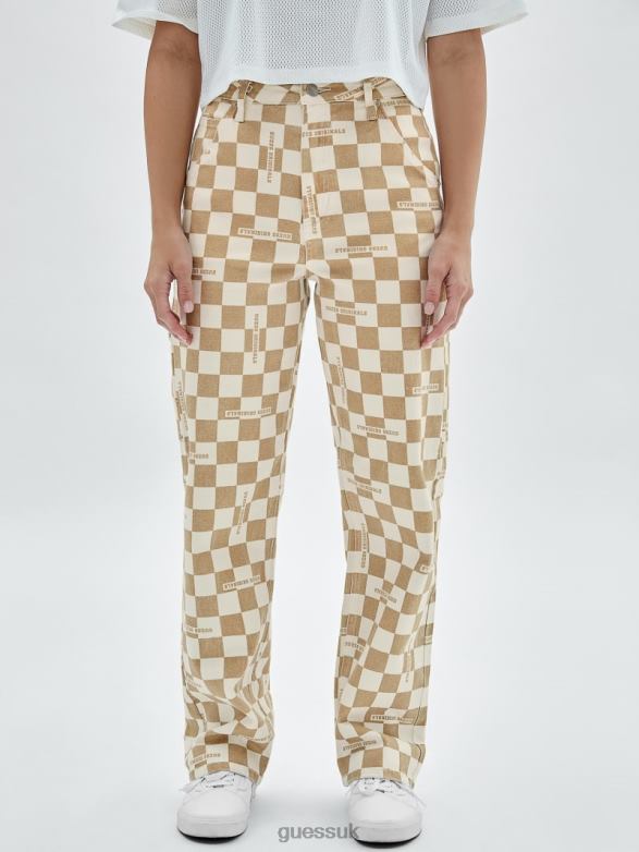 GUESS Women Originals Checkered Carpenter Jeans Pale Beige Nude Apparel V28V6227