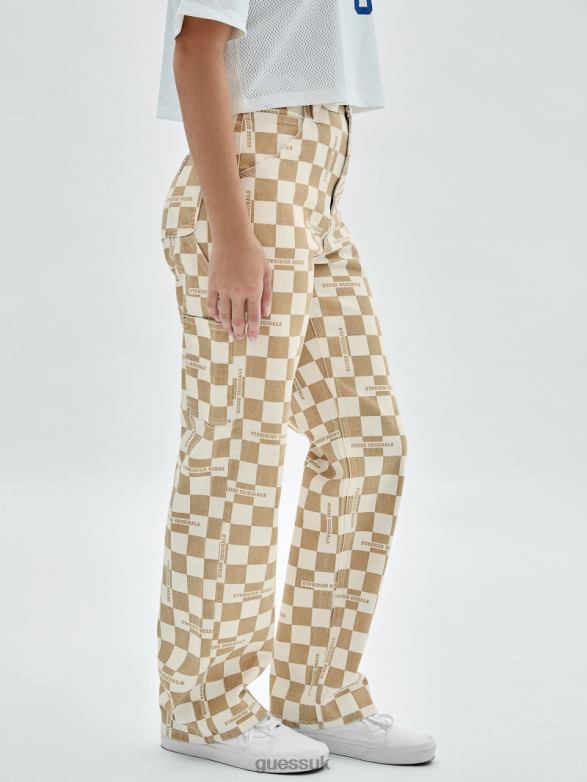 GUESS Women Originals Checkered Carpenter Jeans Pale Beige Nude Apparel V28V6227
