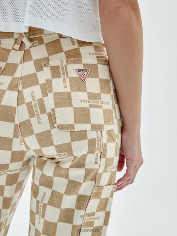 GUESS Women Originals Checkered Carpenter Jeans Pale Beige Nude Apparel V28V6227