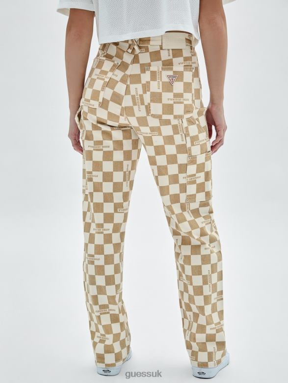 GUESS Women Originals Checkered Carpenter Jeans Pale Beige Nude Apparel V28V6227