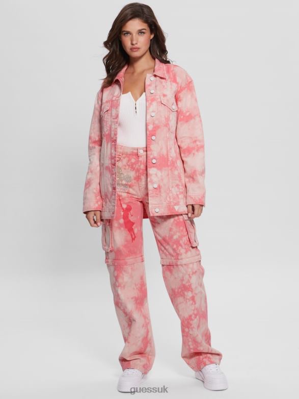 GUESS Women Oversized Denim Jacket Morning Pink Tie Dye Apparel V28V6216