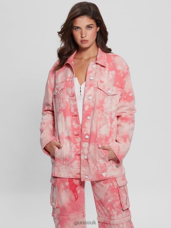 GUESS Women Oversized Denim Jacket Morning Pink Tie Dye Apparel V28V6216