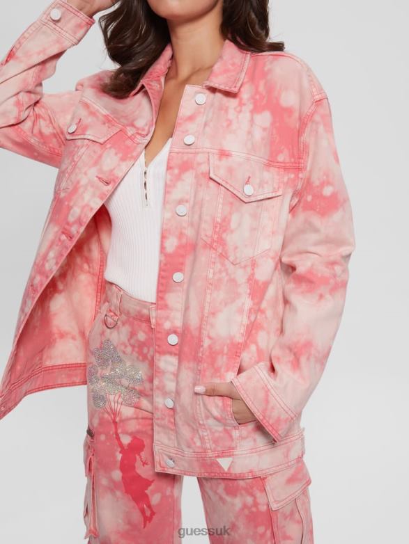 GUESS Women Oversized Denim Jacket Morning Pink Tie Dye Apparel V28V6216