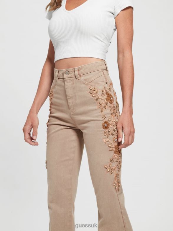 GUESS Women Pop '70s Embellished Flared Jeans Golden Rum Apparel V28V6118