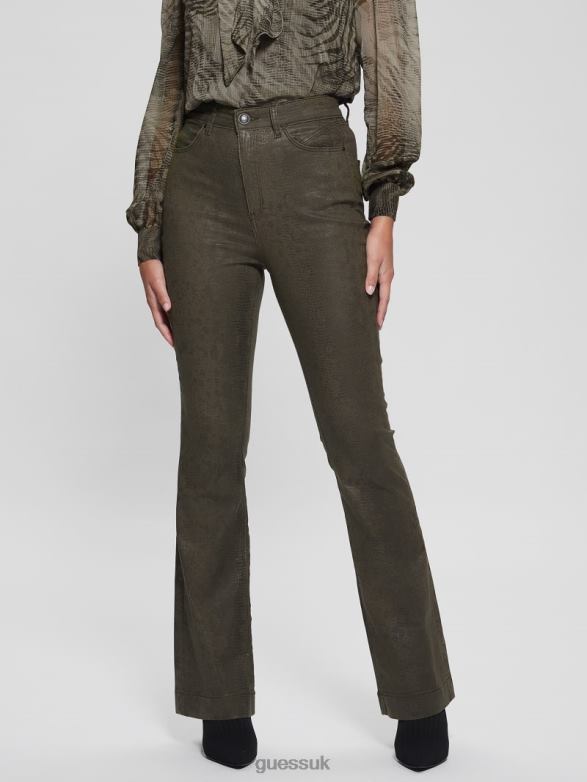 GUESS Women Pop '70s Snakeskin Flared Pants Dark Green Snake Apparel V28V695