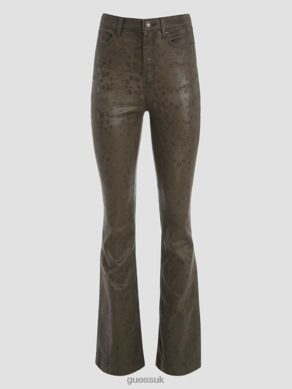 GUESS Women Pop '70s Snakeskin Flared Pants Dark Green Snake Apparel V28V695