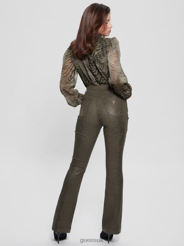 GUESS Women Pop '70s Snakeskin Flared Pants Dark Green Snake Apparel V28V695