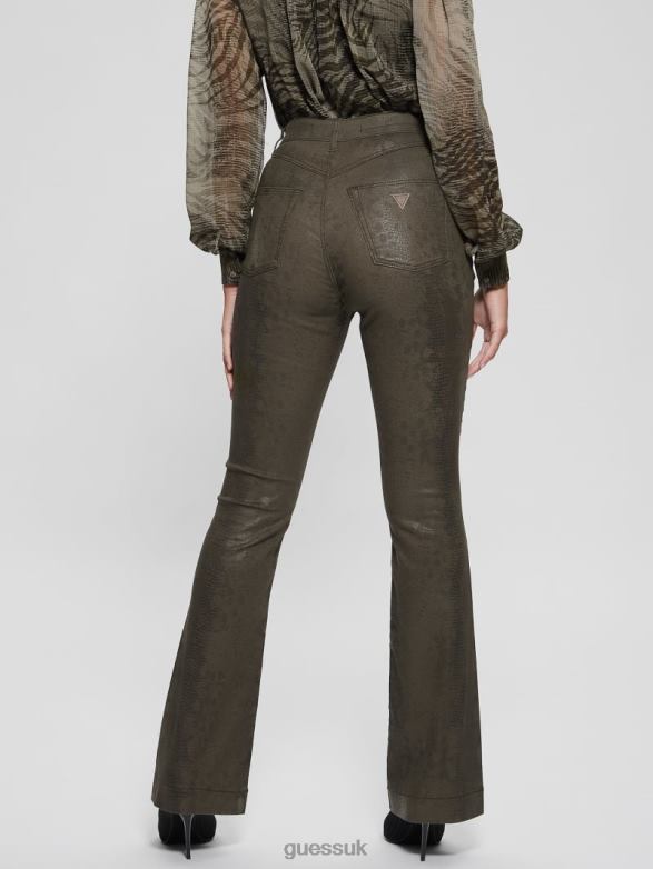 GUESS Women Pop '70s Snakeskin Flared Pants Dark Green Snake Apparel V28V695