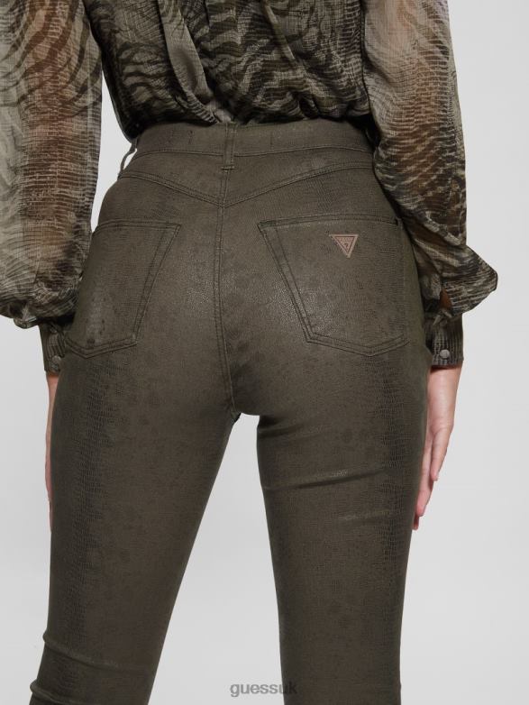 GUESS Women Pop '70s Snakeskin Flared Pants Dark Green Snake Apparel V28V695