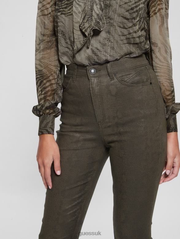 GUESS Women Pop '70s Snakeskin Flared Pants Dark Green Snake Apparel V28V695