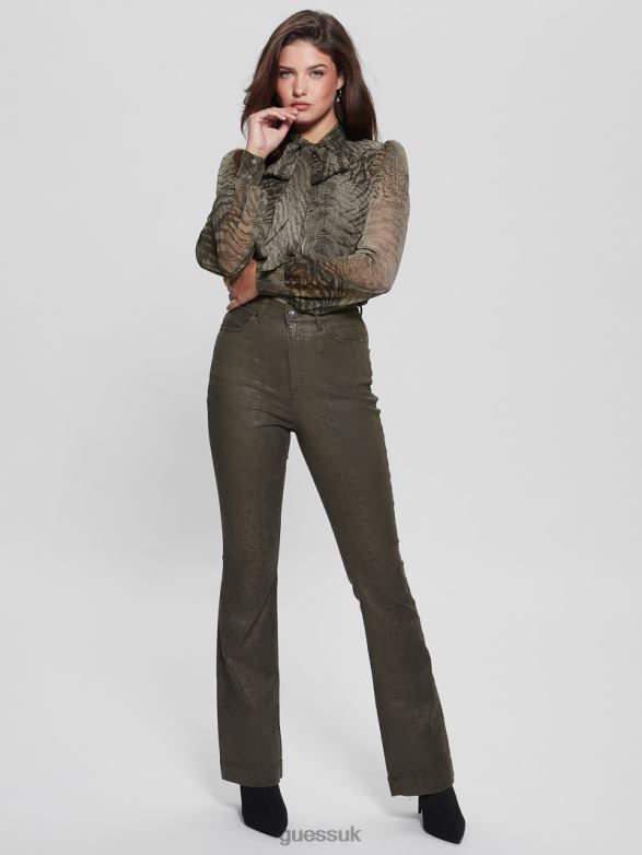 GUESS Women Pop '70s Snakeskin Flared Pants Dark Green Snake Apparel V28V695